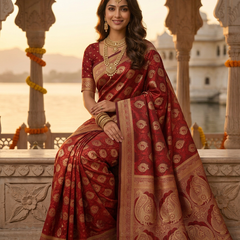 Bridal Red Banarasi Silk Saree with Golden Paisley Zari Work, Rich Woven Border & Traditional Designer Pallu for Women
