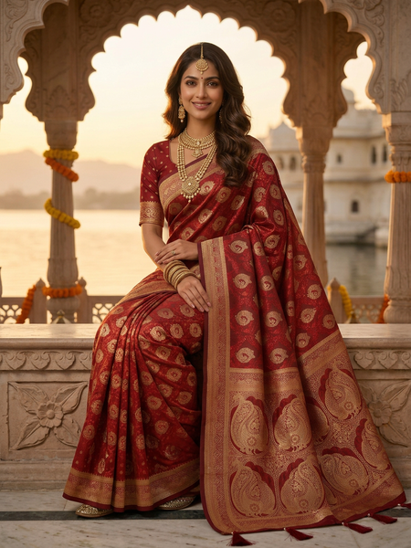 Bridal Red Banarasi Silk Saree with Golden Paisley Zari Work, Rich Woven Border & Traditional Designer Pallu for Women