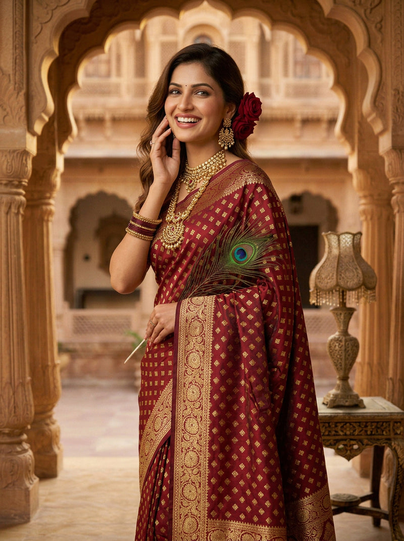 Maroon Banarasi Silk Saree with Golden Zari Butti Work, Traditional Woven Border & Rich Pallu for Women