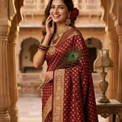 Maroon Banarasi Silk Saree with Golden Zari Butti Work, Traditional Woven Border & Rich Pallu for Women