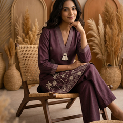 Plum Ochre Co-ord Set: Hand-Embroidered Tunic with Ivory Tassels & Pants