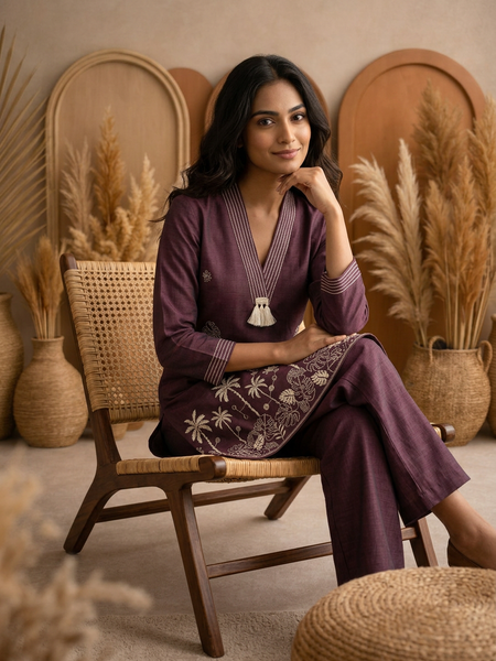 Plum Ochre Co-ord Set: Hand-Embroidered Tunic with Ivory Tassels & Pants
