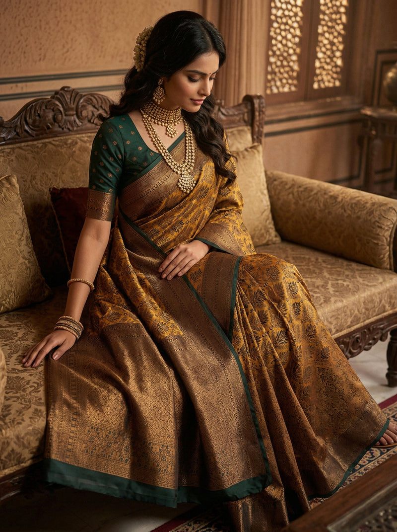 Antique Golden & Bottle Green Jacquard Woven Saree with Rich Copper Zari Border & Pallu