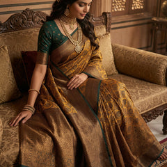 Antique Golden & Bottle Green Jacquard Woven Saree with Rich Copper Zari Border & Pallu