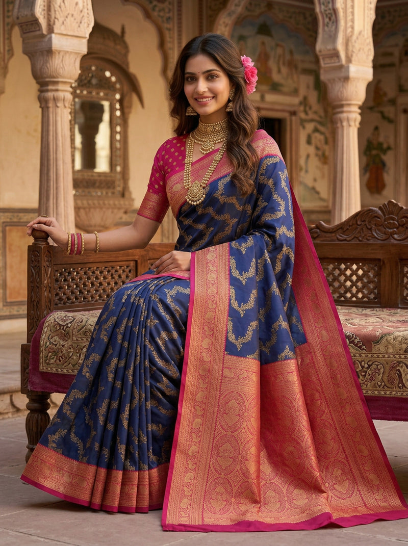 Royal Blue Art Silk Banarasi Saree with Magenta Pink Contrast Border & Blouse Piece