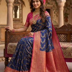 Royal Blue Art Silk Banarasi Saree with Magenta Pink Contrast Border & Blouse Piece