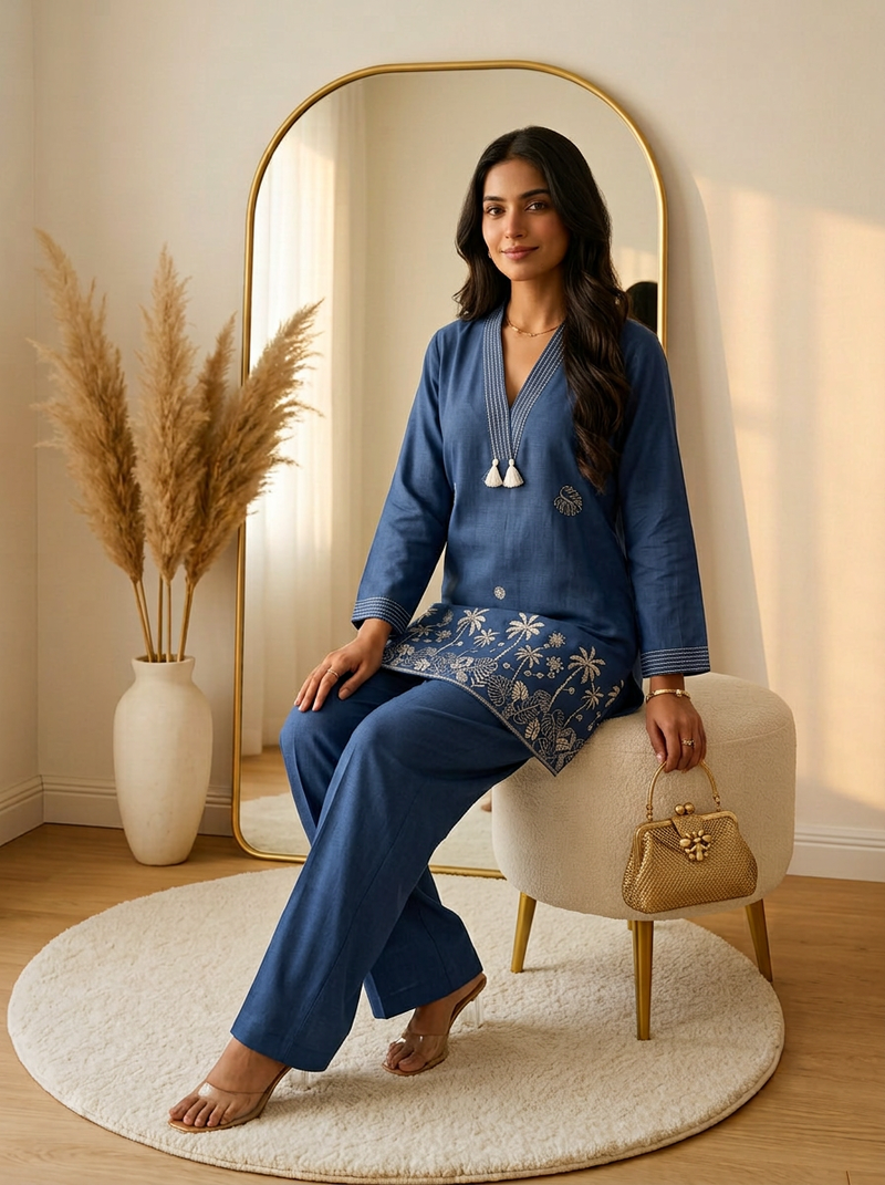 The Coastal Palm Co-ord: Slate Blue V-Neck Tunic Set with Tassels