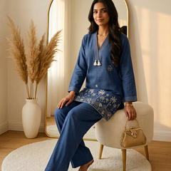 The Coastal Palm Co-ord: Slate Blue V-Neck Tunic Set with Tassels