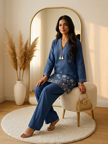 The Coastal Palm Co-ord: Slate Blue V-Neck Tunic Set with Tassels