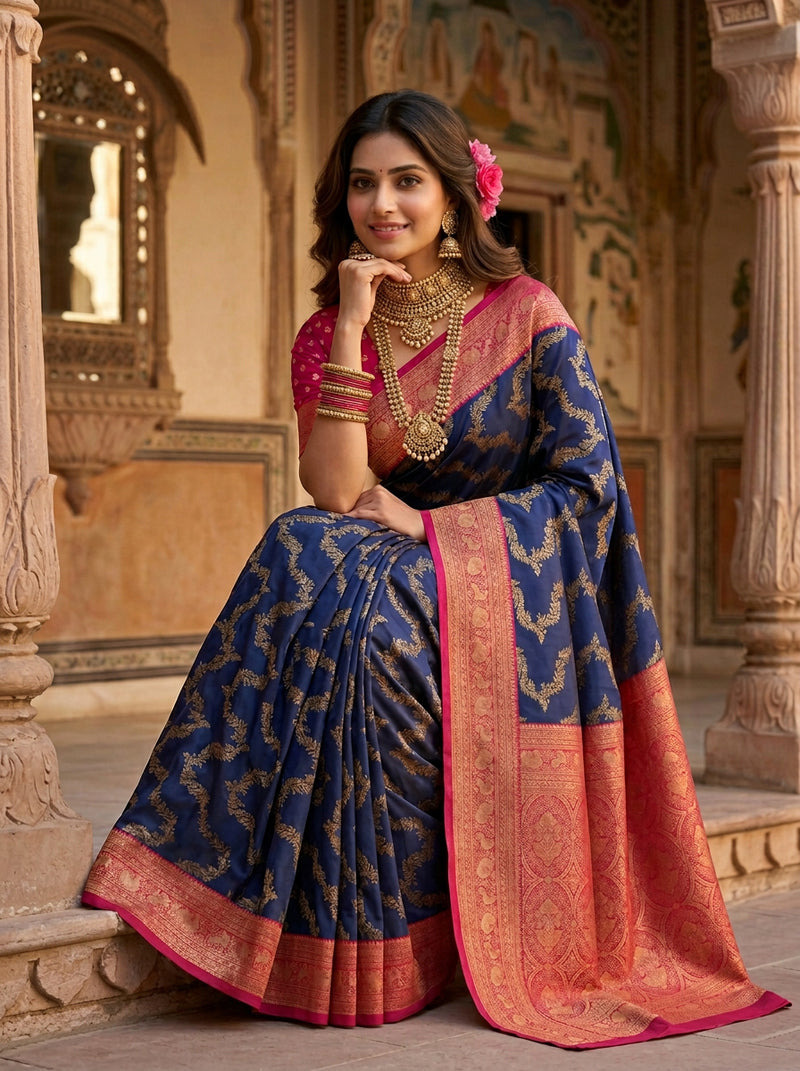 Royal Blue Art Silk Banarasi Saree with Magenta Pink Contrast Border & Blouse Piece
