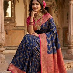 Royal Blue Art Silk Banarasi Saree with Magenta Pink Contrast Border & Blouse Piece