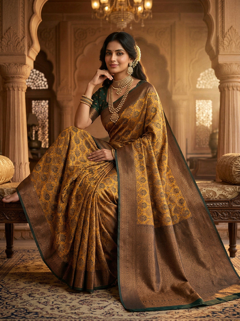 Antique Golden & Bottle Green Jacquard Woven Saree with Rich Copper Zari Border & Pallu