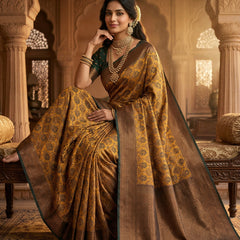 Antique Golden & Bottle Green Jacquard Woven Saree with Rich Copper Zari Border & Pallu