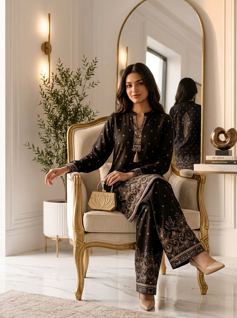 Black Border-Print Kurta Palazzo Co-ord Set