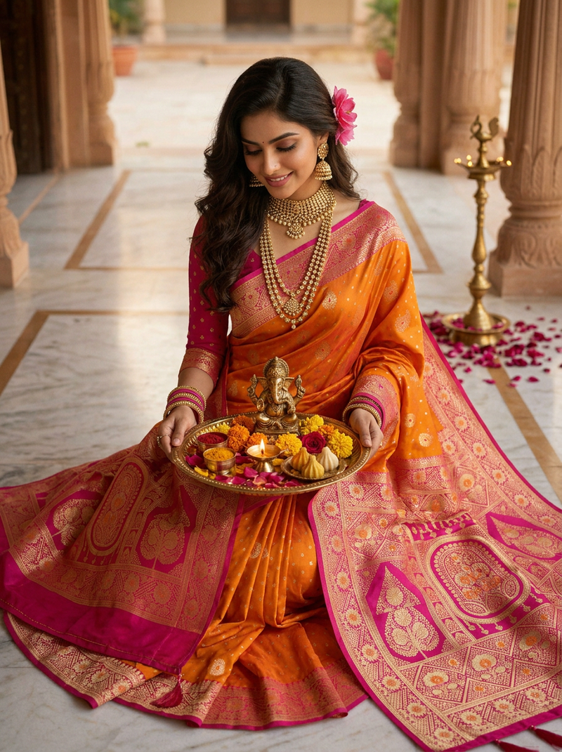 Radiant Mango Orange Art Silk Banarasi Saree with Pink Contrast Border & Blouse Piece