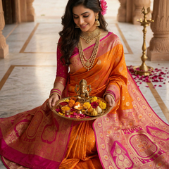 Radiant Mango Orange Art Silk Banarasi Saree with Pink Contrast Border & Blouse Piece