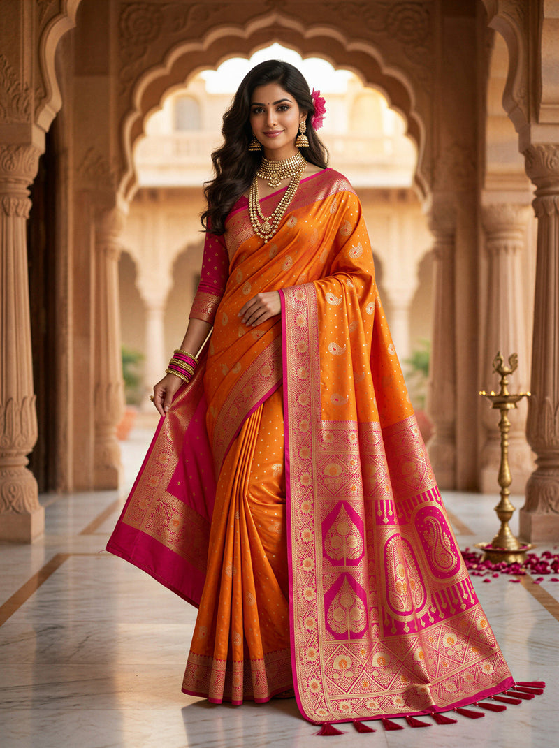 Radiant Mango Orange Art Silk Banarasi Saree with Pink Contrast Border & Blouse Piece