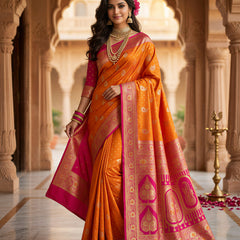 Radiant Mango Orange Art Silk Banarasi Saree with Pink Contrast Border & Blouse Piece
