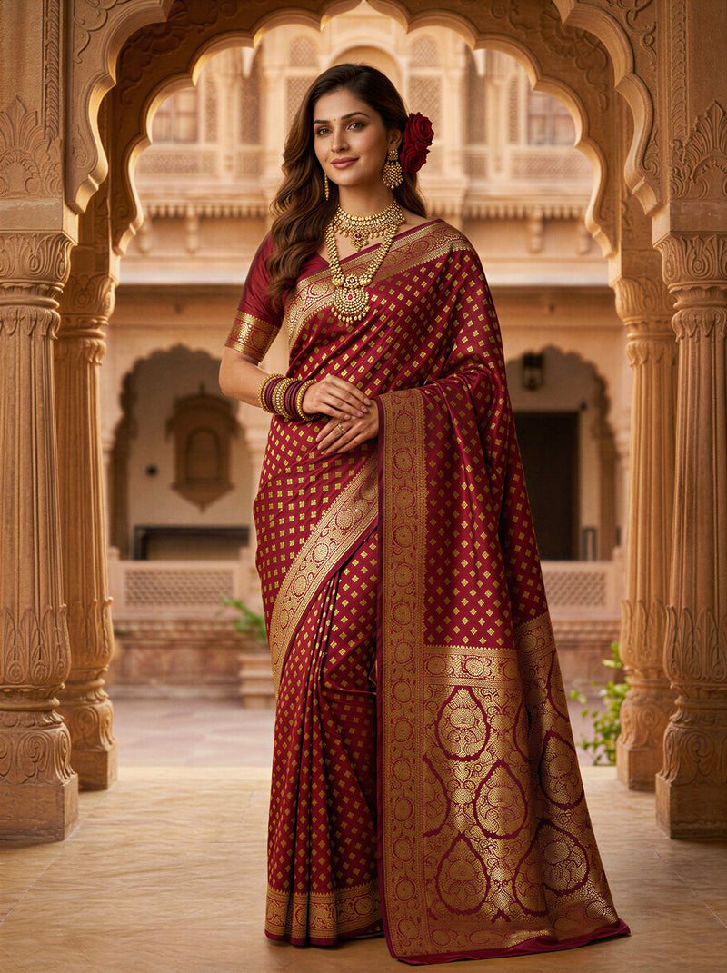 Maroon Banarasi Silk Saree with Golden Zari Butti Work, Traditional Woven Border & Rich Pallu for Women