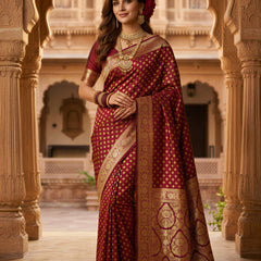 Maroon Banarasi Silk Saree with Golden Zari Butti Work, Traditional Woven Border & Rich Pallu for Women