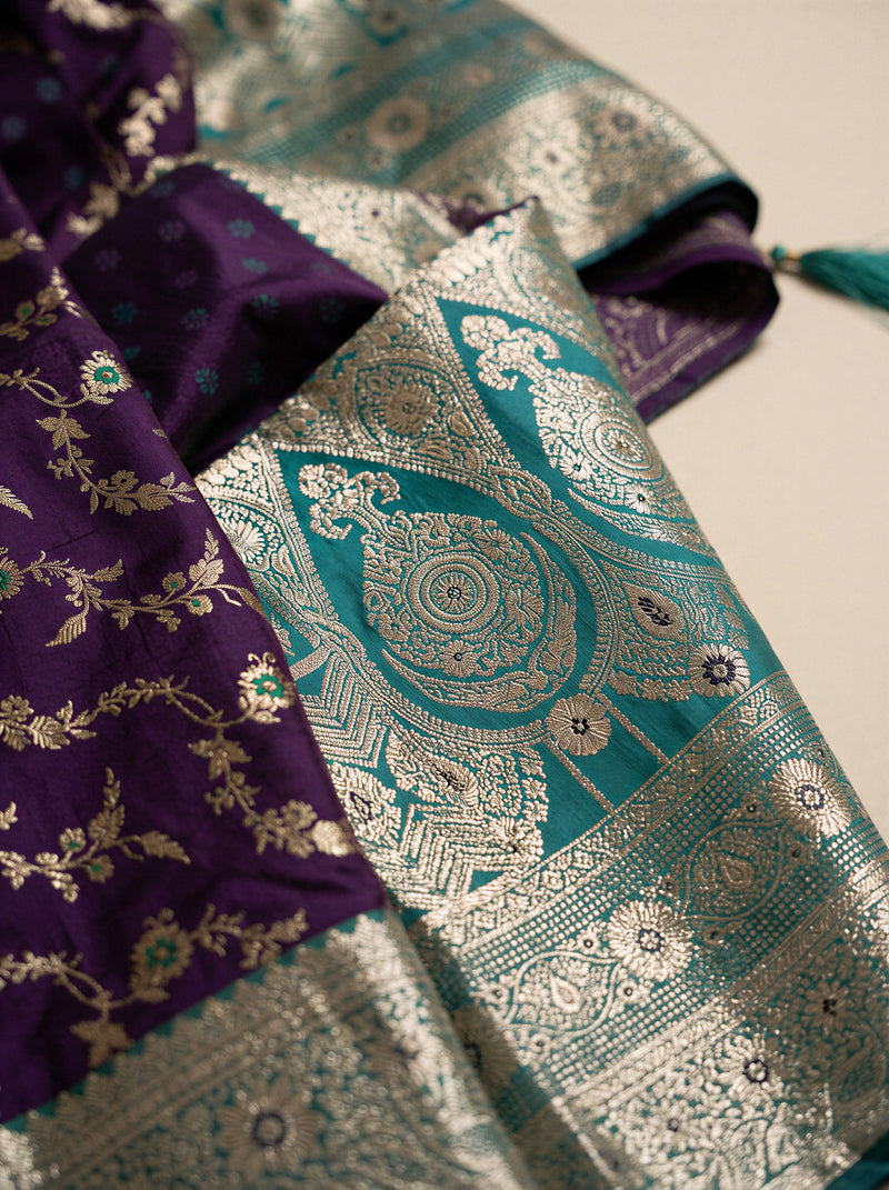 Royal Purple Art Silk Banarasi Saree with Peacock Blue Contrast Border & Blouse Piece