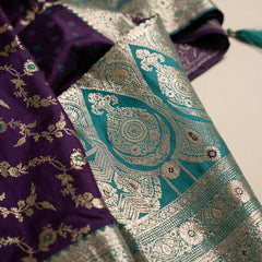 Royal Purple Art Silk Banarasi Saree with Peacock Blue Contrast Border & Blouse Piece
