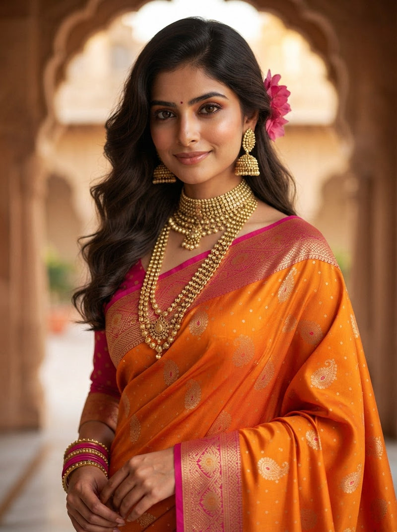 Radiant Mango Orange Art Silk Banarasi Saree with Pink Contrast Border & Blouse Piece