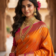 Radiant Mango Orange Art Silk Banarasi Saree with Pink Contrast Border & Blouse Piece