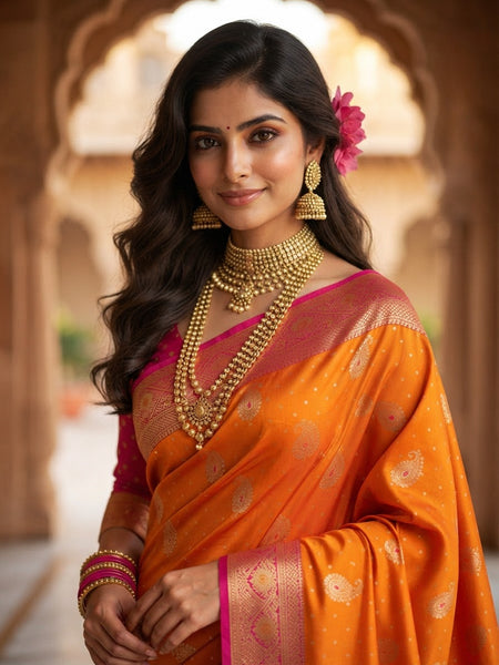 Radiant Mango Orange Art Silk Banarasi Saree with Pink Contrast Border & Blouse Piece