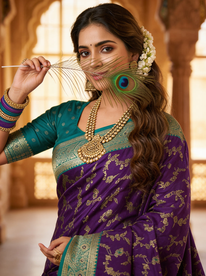 Royal Purple Art Silk Banarasi Saree with Peacock Blue Contrast Border & Blouse Piece