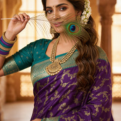 Royal Purple Art Silk Banarasi Saree with Peacock Blue Contrast Border & Blouse Piece