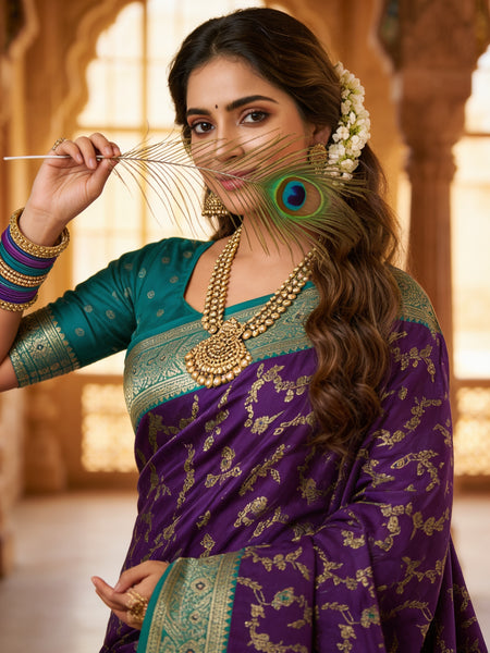 Royal Purple Art Silk Banarasi Saree with Peacock Blue Contrast Border & Blouse Piece