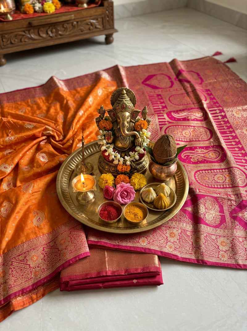 Radiant Mango Orange Art Silk Banarasi Saree with Pink Contrast Border & Blouse Piece