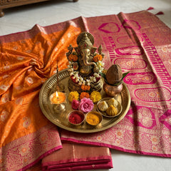 Radiant Mango Orange Art Silk Banarasi Saree with Pink Contrast Border & Blouse Piece