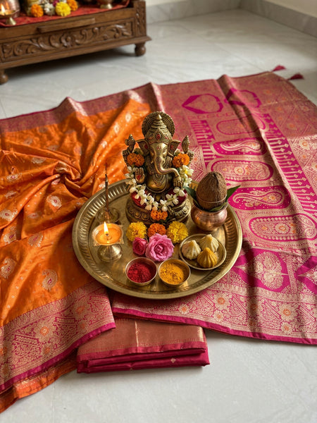 Radiant Mango Orange Art Silk Banarasi Saree with Pink Contrast Border & Blouse Piece