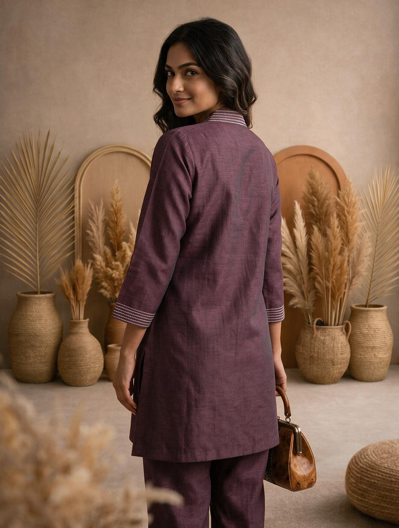 Plum Ochre Co-ord Set: Hand-Embroidered Tunic with Ivory Tassels & Pants