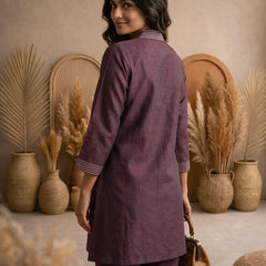 Plum Ochre Co-ord Set: Hand-Embroidered Tunic with Ivory Tassels & Pants