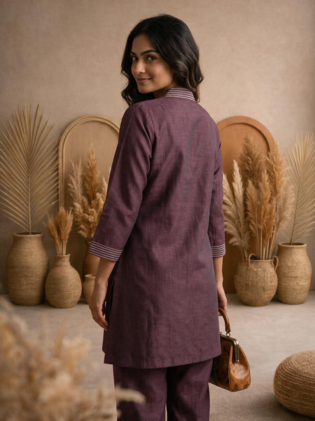 Plum Ochre Co-ord Set: Hand-Embroidered Tunic with Ivory Tassels & Pants