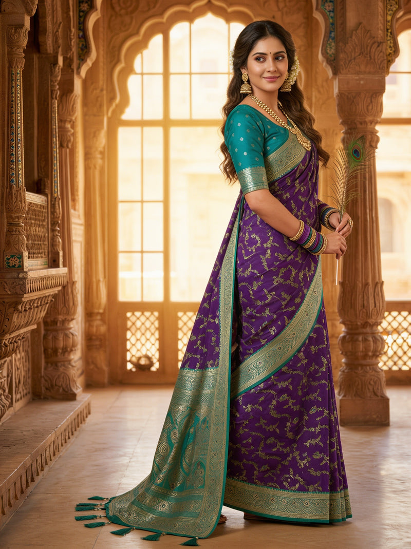 Royal Purple Art Silk Banarasi Saree with Peacock Blue Contrast Border & Blouse Piece