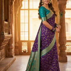 Royal Purple Art Silk Banarasi Saree with Peacock Blue Contrast Border & Blouse Piece