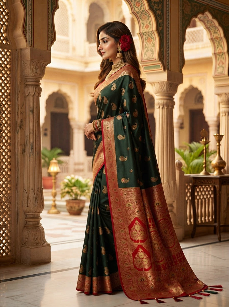 Majestic Bottle Green Art Silk Banarasi Saree with Crimson Red Contrast Border & Blouse Piece