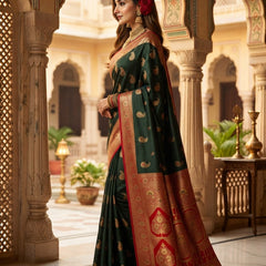 Majestic Bottle Green Art Silk Banarasi Saree with Crimson Red Contrast Border & Blouse Piece