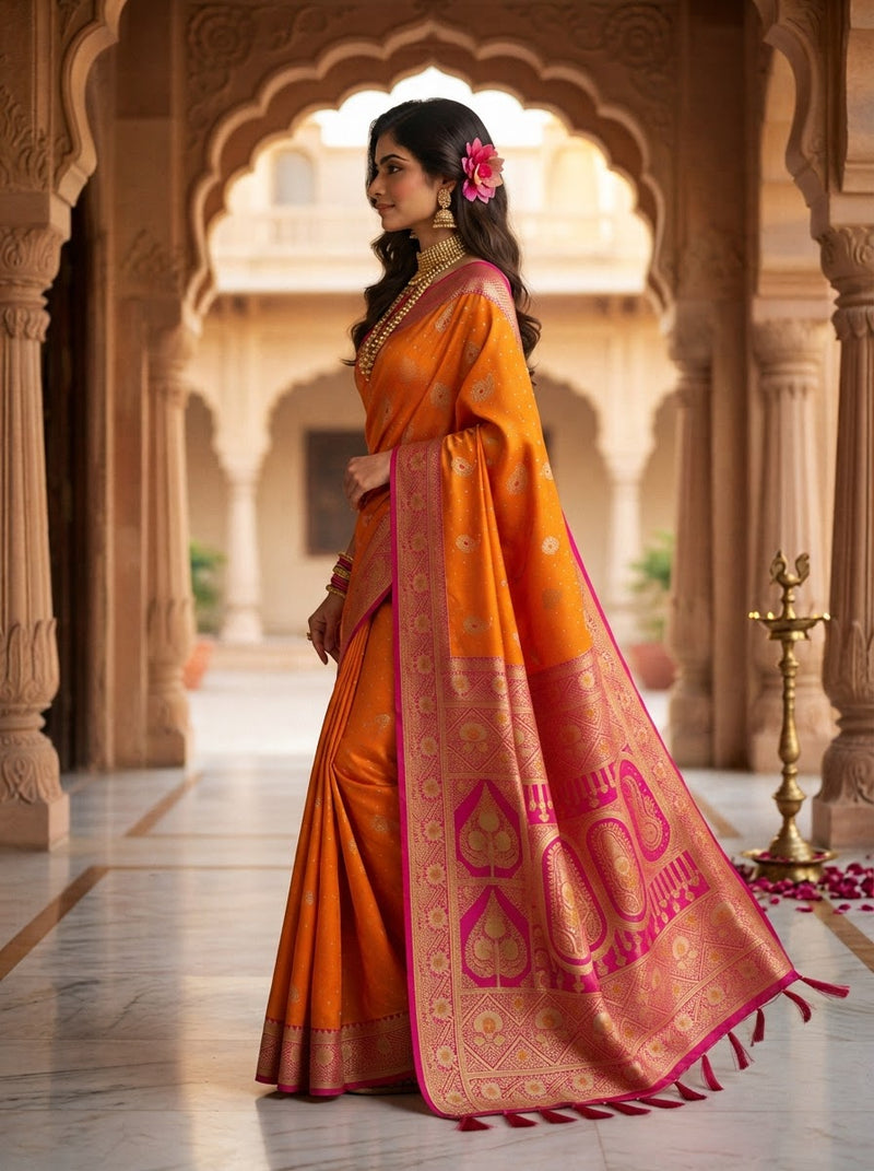 Radiant Mango Orange Art Silk Banarasi Saree with Pink Contrast Border & Blouse Piece