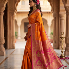 Radiant Mango Orange Art Silk Banarasi Saree with Pink Contrast Border & Blouse Piece