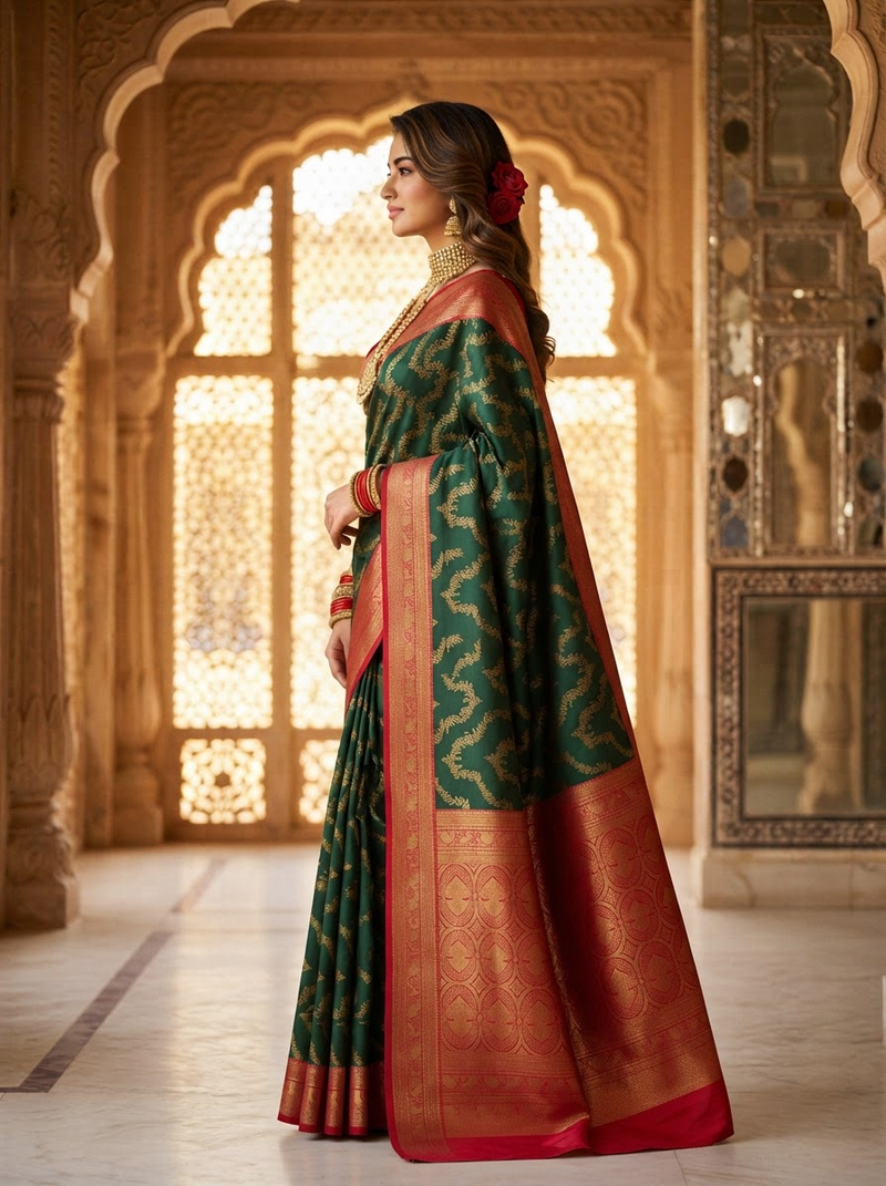 Bottle Green & Red Jaal Motifs Banarasi Silk Saree
