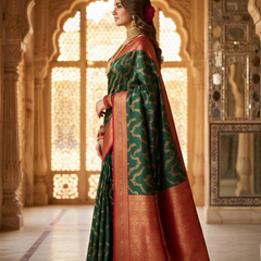 Bottle Green & Red Jaal Motifs Banarasi Silk Saree