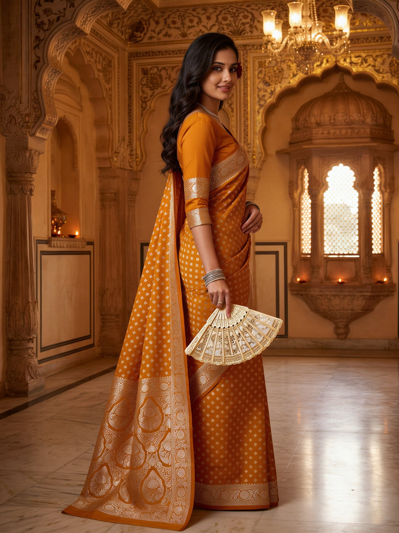 Mustard Yellow Banarasi Silk Saree with Golden Zari Butti Work, Woven Border & Rich Designer Pallu for Women