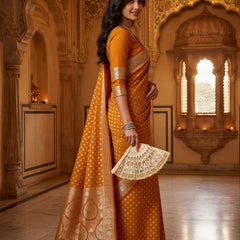 Mustard Yellow Banarasi Silk Saree with Golden Zari Butti Work, Woven Border & Rich Designer Pallu for Women