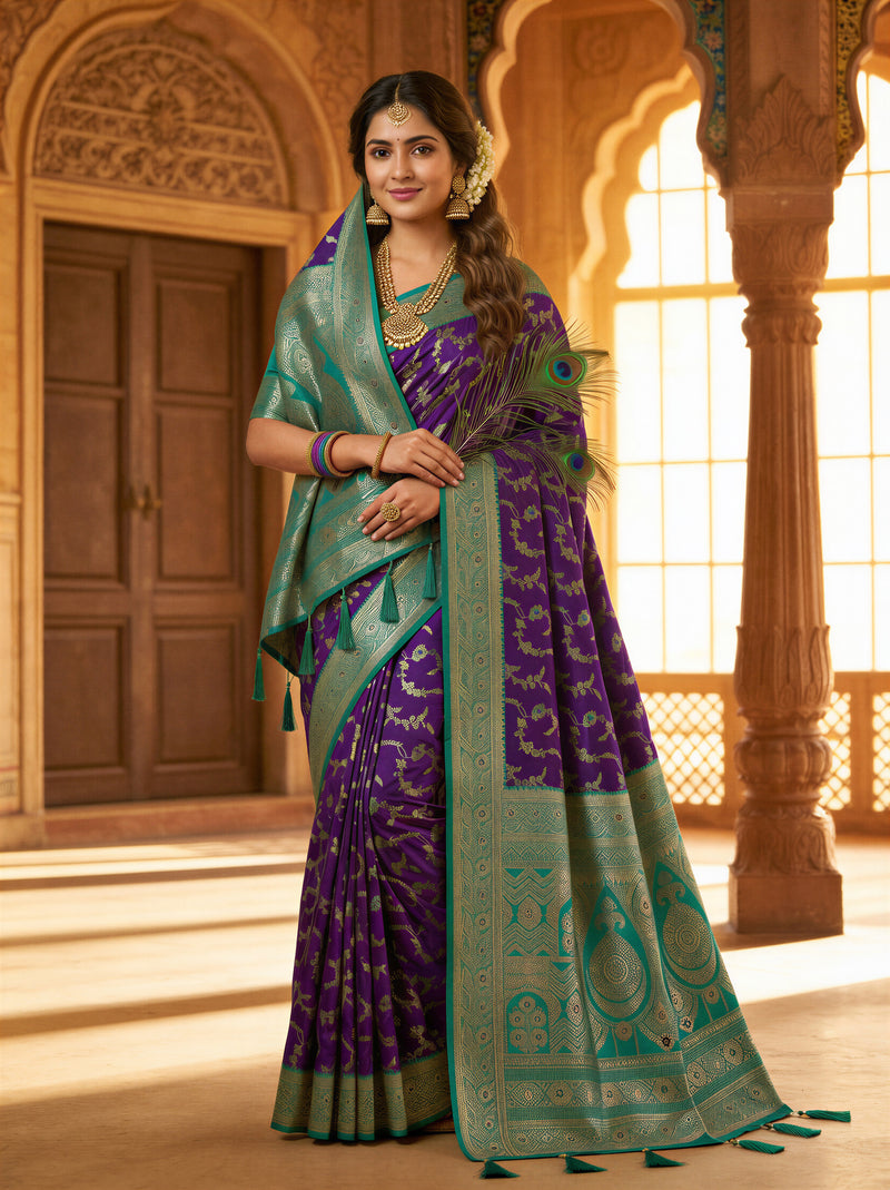 Royal Purple Art Silk Banarasi Saree with Peacock Blue Contrast Border & Blouse Piece