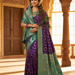 Royal Purple Art Silk Banarasi Saree with Peacock Blue Contrast Border & Blouse Piece